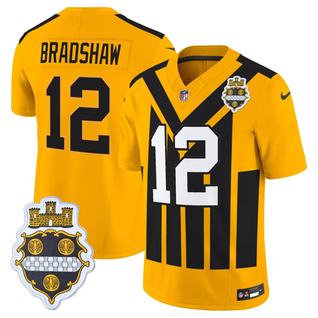 Men's Pittsburgh Steelers #12 Terry Bradshaw Gold 1933 F.U.S.E. Throwback Alternate Football Stitched Football Jersey